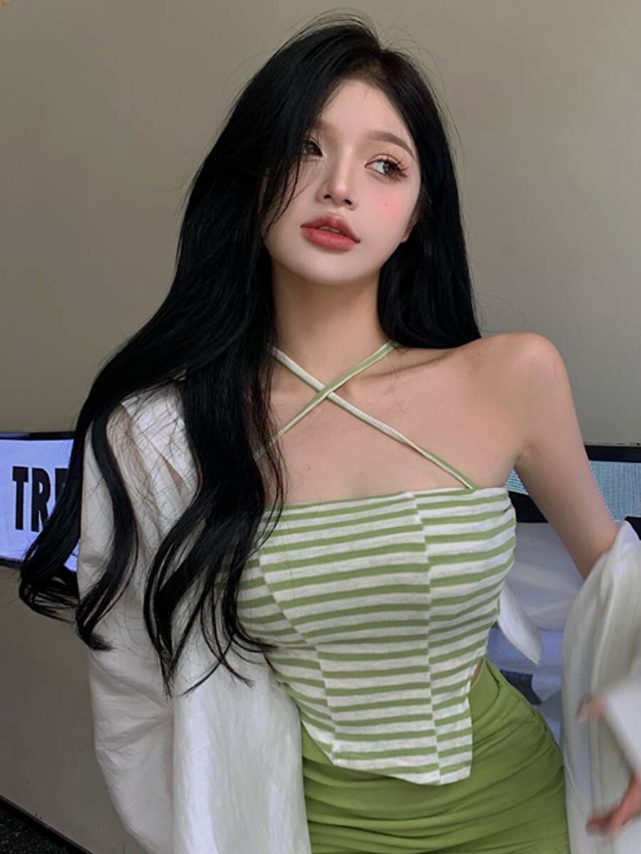 Contrast Stripe Criss Cross Asymmetrical Hem Cami Top - Mint Green - View 1