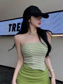 Contrast Stripe Criss Cross Asymmetrical Hem Cami Top - Mint Green - View 3