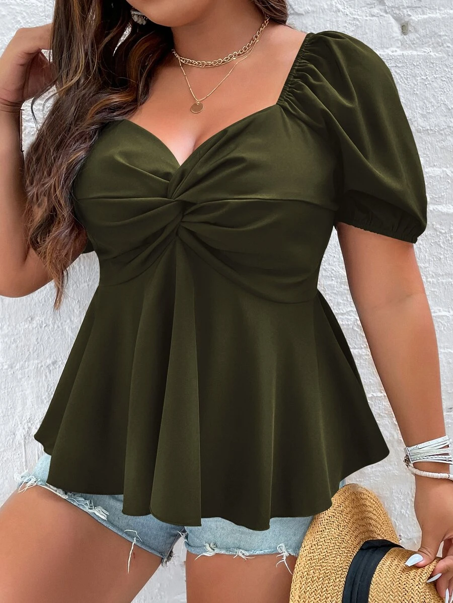 Calvaya Áo Peplum tay bồng xoắn phía trước Plus Solid - xanh quân đội - Xem 1