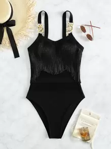 Swim Lushoire Summer Beach Fringe Chain Linked One Piece Swimsuit - Black - View 6