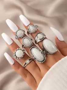 imoli 8pcs Oval & Round Decor Ring - Silver - View 2