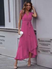 Surplice Neck Self Tie Ruffle A-line Dress - Hot Pink - View 1