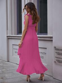 Surplice Neck Self Tie Ruffle A-line Dress - Hot Pink - View 2