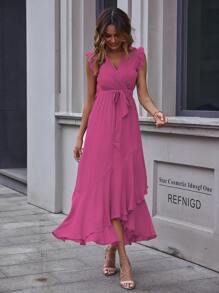 Surplice Neck Self Tie Ruffle A-line Dress - Hot Pink - View 4