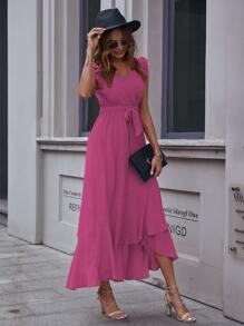 Surplice Neck Self Tie Ruffle A-line Dress - Hot Pink - View 6