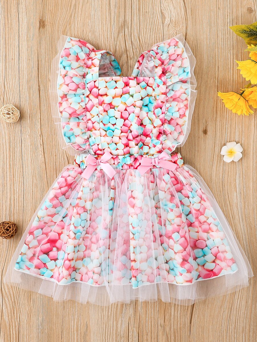 SHEIN 小女童滿版印花網紗拼接前蝴蝶結荷葉邊背帶裙 - 彩色 - 查看 1