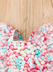 SHEIN 小女童滿版印花網紗拼接前蝴蝶結荷葉邊背帶裙 - 彩色 - 查看 3