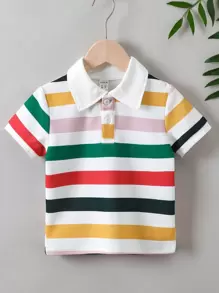 SHEIN Camisa tipo polo de manga corta a rayas de colores para niño, ropa informal y activa para exteriores/vuelta al colegio