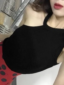 Solid Asymmetrical Neck Crop Top - Black - View 3