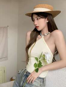 Top halter corto unicolor con cuenta - Blanco - Ver 3