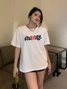 Slogan Graphic Drop Shoulder Tee - White - View 1