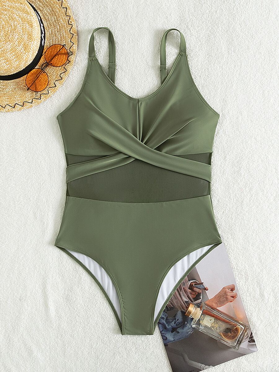 SHEIN Swim Curve Plus Wrap Cross One Piece Swimsuit, For Summer Beach Vacation - Green - View 1