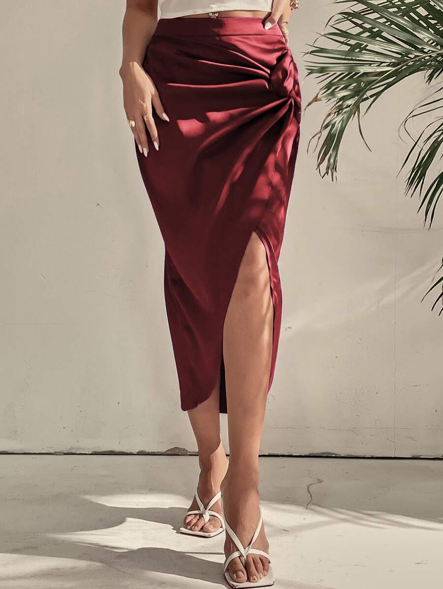 SHEIN Privé 側邊扭結圍裹緞面半身裙