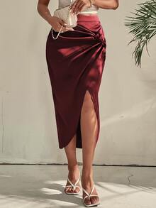 SHEIN Privé 側邊扭結圍裹緞面半身裙