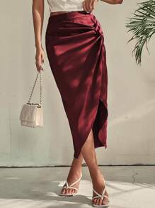 SHEIN Privé 側邊扭結圍裹緞面半身裙