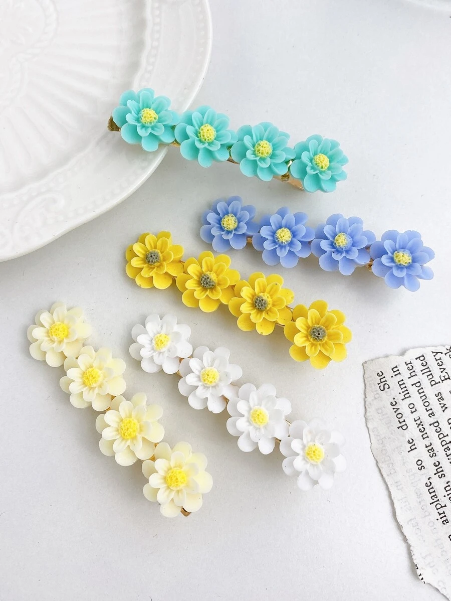 5入組女士多彩樹脂花朵和金屬髮夾,日常使用波西米亞風格