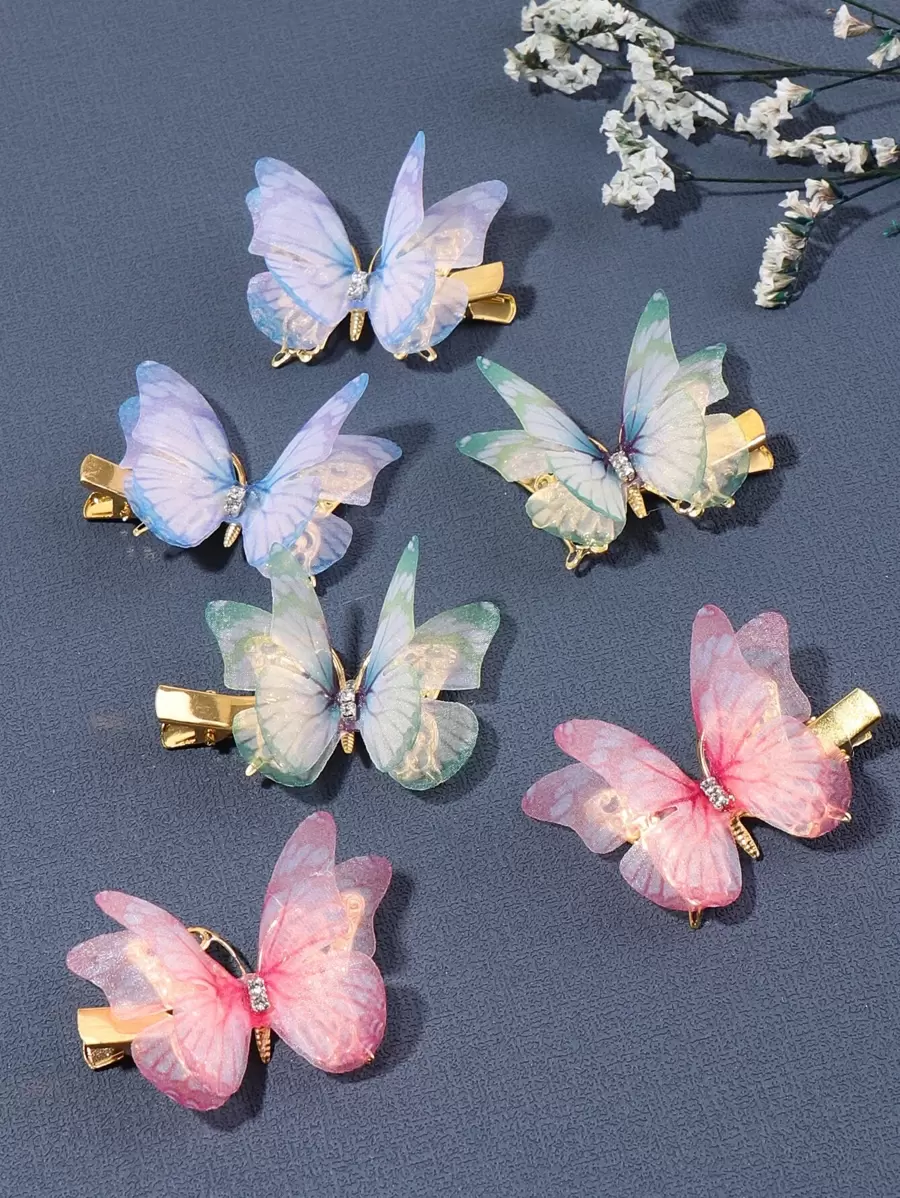 6pcs Rhinestone Detail Butterfly Decor Alligator Hair Clip Street Y2k,Hair Accessories,Hair Barrettes Hair Clips Claw Clips Hair Claws