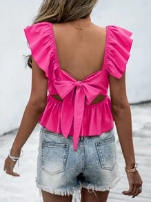 Chiquease Tie Back Ruffle Sleeve Peplum Blouse Peplum Top - Hot Pink - View 2