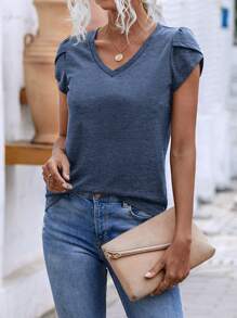 SHEIN LUNE Camiseta manga tulipán de cuello V - Azul - Ver 1