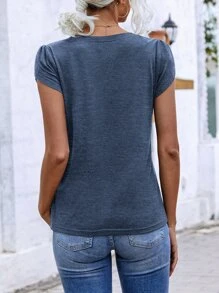 SHEIN LUNE Camiseta manga tulipán de cuello V - Azul - Ver 2