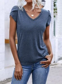 SHEIN LUNE Camiseta manga tulipán de cuello V - Azul - Ver 3
