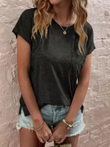 SHEIN LUNE 蝙蝠袖口袋貼布T恤 - 深灰色 - 查看 5