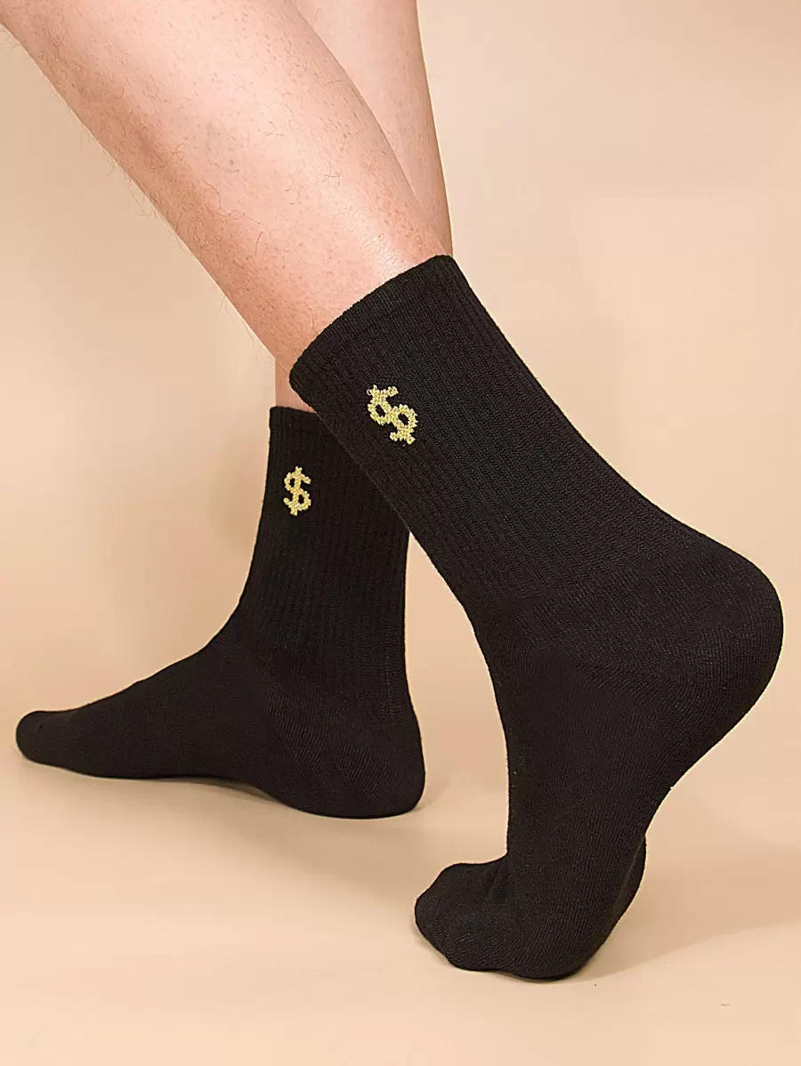 Men Dollar Symbol Pattern Crew Socks - Black - View 1