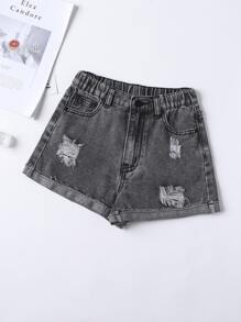 Niñas Shorts en mezclilla desgarro con parche de bolsillo - Gris Oscuro - Ver 1