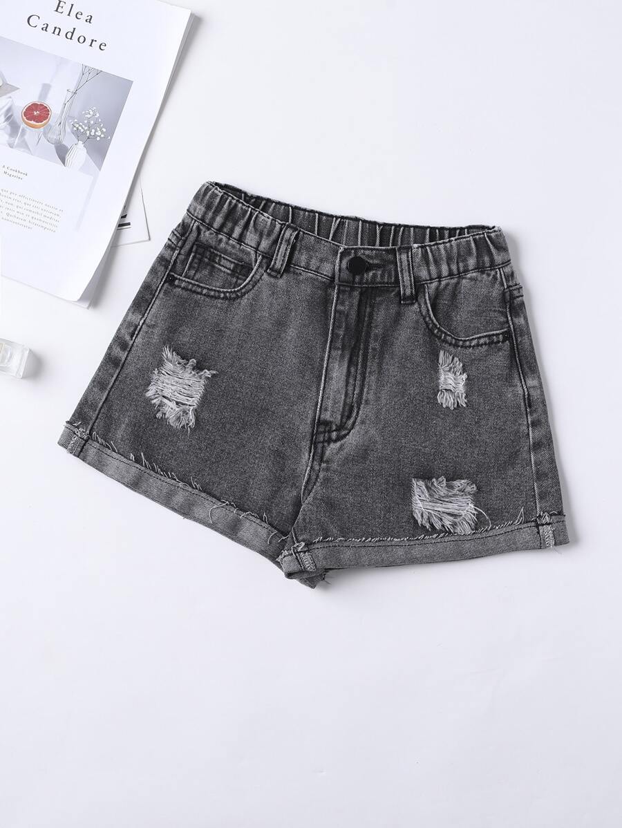 Niñas Shorts en mezclilla desgarro con parche de bolsillo - Gris Oscuro - Ver 1