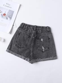 Niñas Shorts en mezclilla desgarro con parche de bolsillo - Gris Oscuro - Ver 2