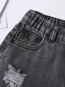 Niñas Shorts en mezclilla desgarro con parche de bolsillo - Gris Oscuro - Ver 3