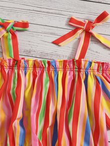 SHEIN Niñas Top de rayas de colores con nudo de hombros descubiertos & Falda cruzada ribete con fruncido - Multicolor - Ver 4