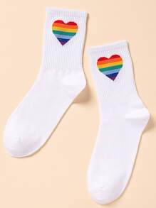 Rainbow Striped & Heart Print Crew Socks - White - View 1