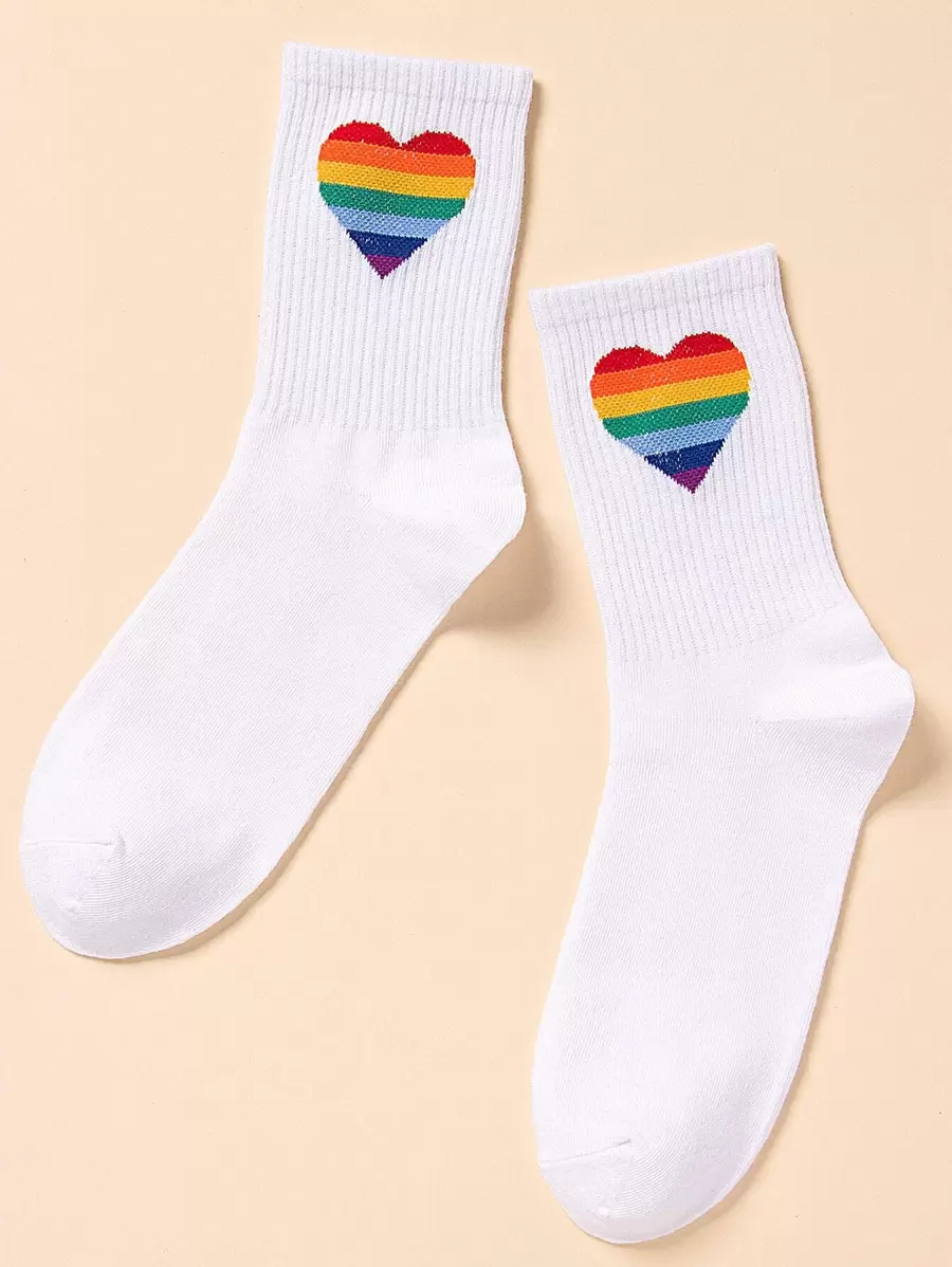 Rainbow Striped & Heart Print Crew Socks - White - View 1