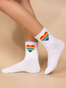 Rainbow Striped & Heart Print Crew Socks - White - View 2