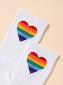 Rainbow Striped & Heart Print Crew Socks - White - View 3