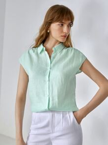 MOTF PREMIUM 100% LINEN BATWING SLEEVE SHIRT - Mint Green - View 5