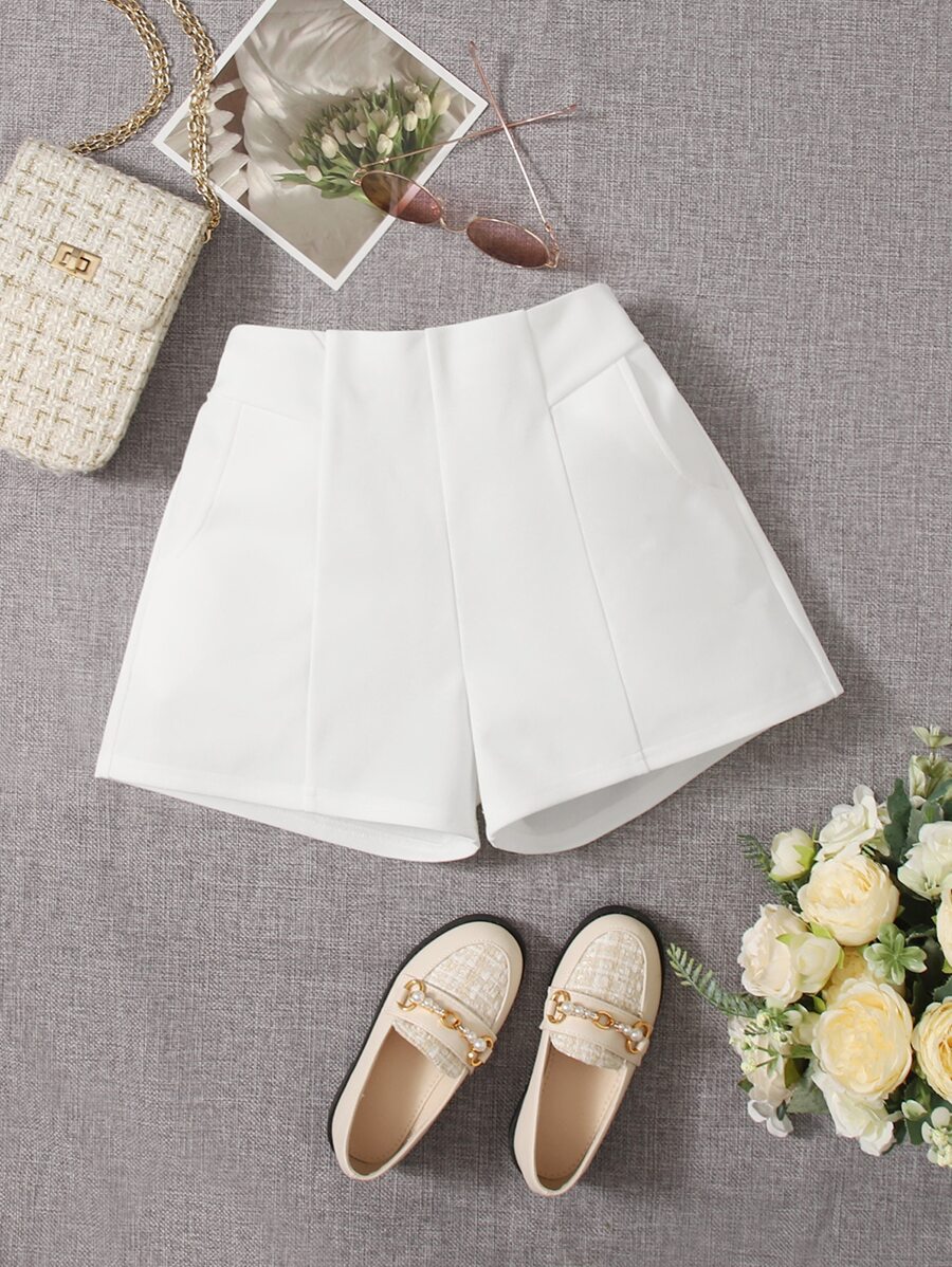 SHEIN Tween Girls' Casual Solid Color High Waist Shorts - White - View 1