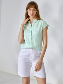 MOTF PREMIUM 100% LINEN BATWING SLEEVE SHIRT - Mint Green - View 6