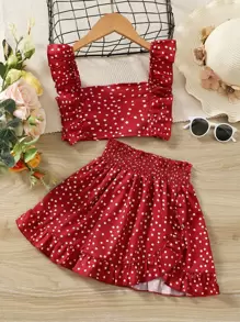 SHEIN Bộ thời trang bé gái Xù Viên lá sen Dải chun Chấm bi Boho - Đỏ - Xem 1