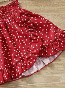 SHEIN Bộ thời trang bé gái Xù Viên lá sen Dải chun Chấm bi Boho - Đỏ - Xem 3