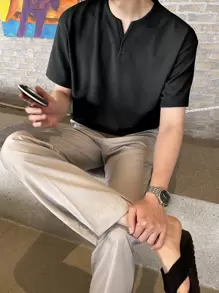 DAZY Hombres Camiseta unicolor de cuello notch - Negro - Ver 7