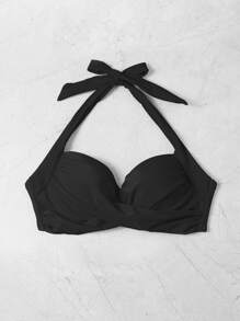 Swim Basics Summer Beach Twist Push Up Halter Bikini Top - Black - View 3