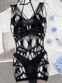 3packs Halter Triangle High Cut Bikini & Cover Up, For Summer Beach Vacation - Black - View 3