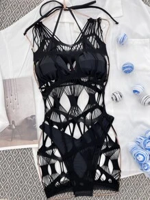 3packs Halter Triangle High Cut Bikini & Cover Up, For Summer Beach Vacation - Black - View 6