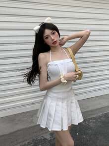 素色前蝴蝶結繞頸短上衣 - 白色 - 查看 3
