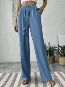 Pantalones rectos de talle alto con cordón - Neblina azul - Ver 4