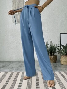 Pantalones rectos de talle alto con cordón - Neblina azul - Ver 5