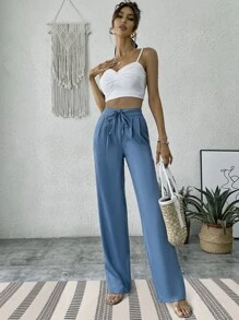 Pantalones rectos de talle alto con cordón - Neblina azul - Ver 6