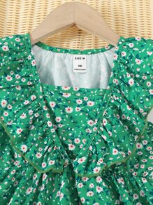Toddler Girls Ditsy Floral Ruffle Trim A Line Dress - Green - View 6